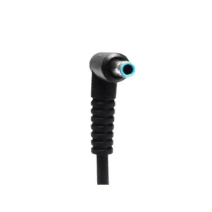 Black flexible hose with a blue connector on a white background