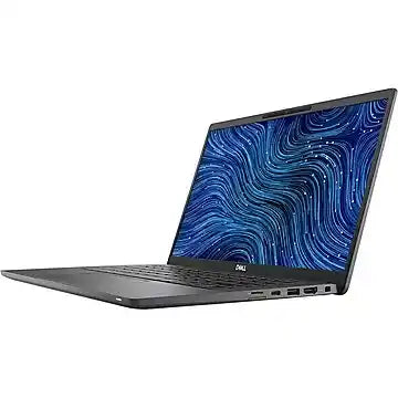 Open Dell laptop shown at a front-left angle, with a slim black design