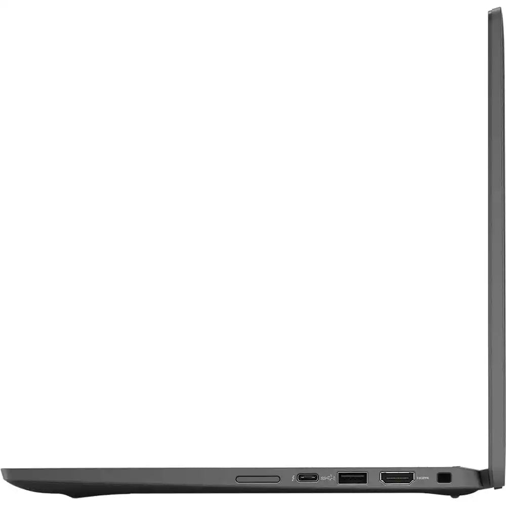 Side profile view of a slim dark gray laptop showing the left side ports including USB-C, USB-A, HDMI, and a power button, isolated on a white background.