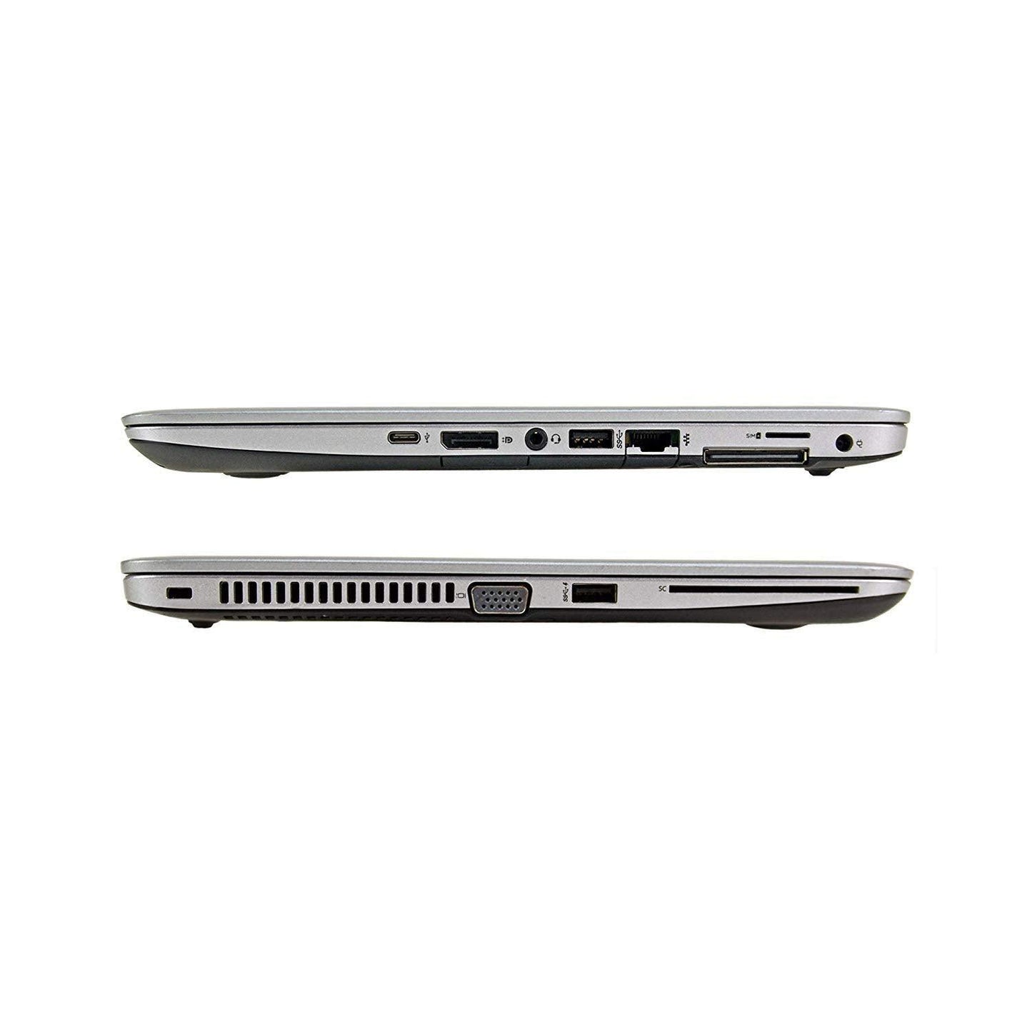 HP EliteBook 840 G3 laptop showing left and right side ports including USB ports, DisplayPort, VGA port, SD card slot, headphone jack, and cooling vents.- Rentopc