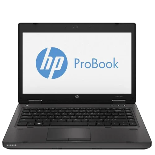 HP ProBook 6470b laptop with screen open, showing 14-inch display, full-size keyboard, and touchpad.- Rentopc