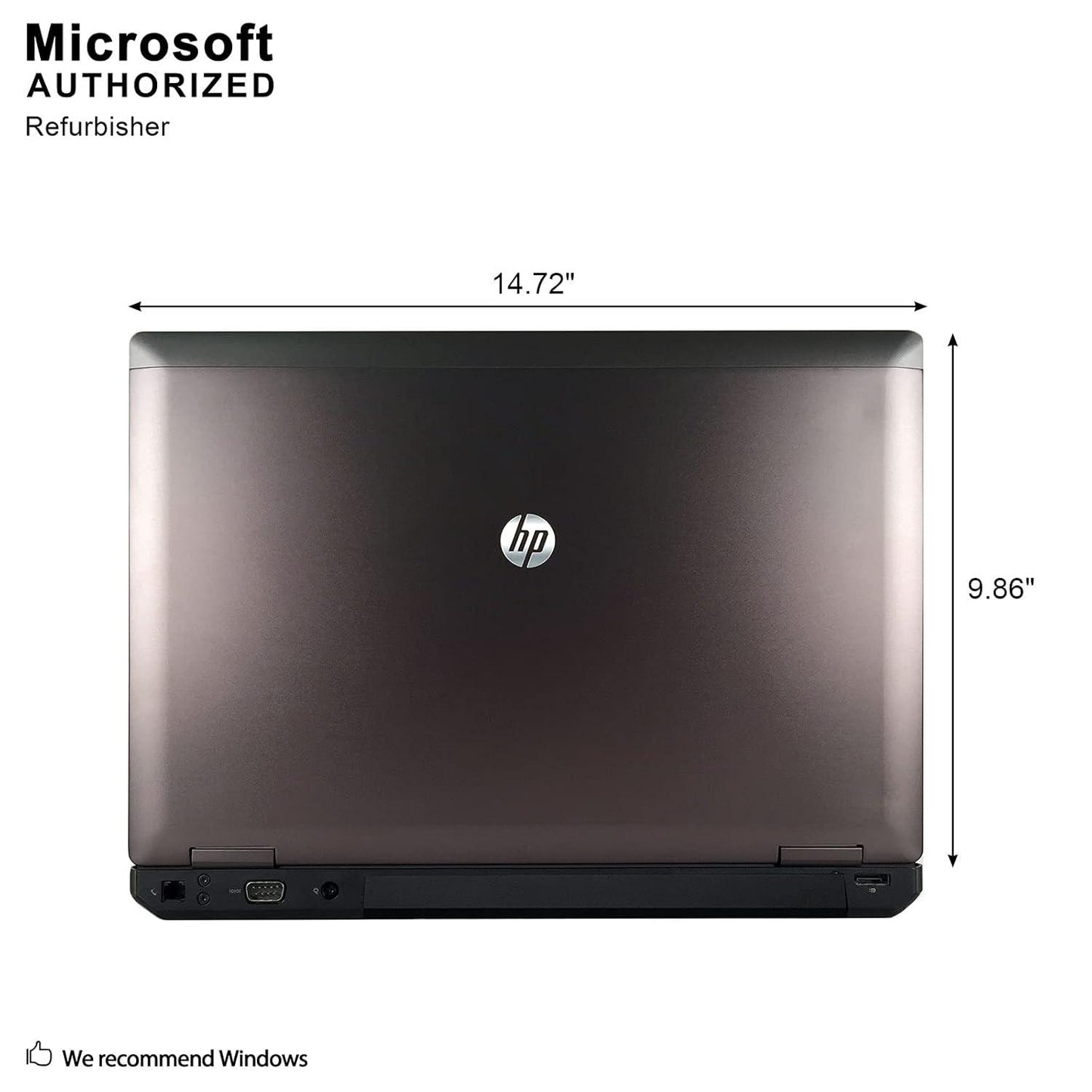 Hp probook 6570b Intel Core i5 15.6"laptop HP ProBook 6570b 15.6-inch laptop showing brushed metal lid with HP logo, rear VGA port, power jack, Ethernet port, and product dimensions 14.72 by 9.86 inches.- Rentopc