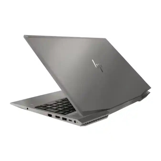 A silver HP laptop shown open at an angle, displaying its keyboard and ports against a plain white background.