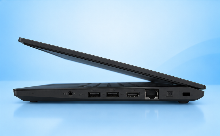Lenovo ThinkPad L480 side profile and ports with RentOPC.com branding