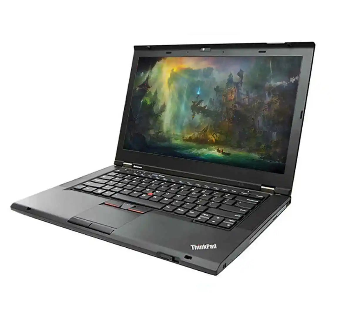 A black ThinkPad laptop shown open at an angle against a plain white background, with the screen displaying a fantasy game or artwork scene.