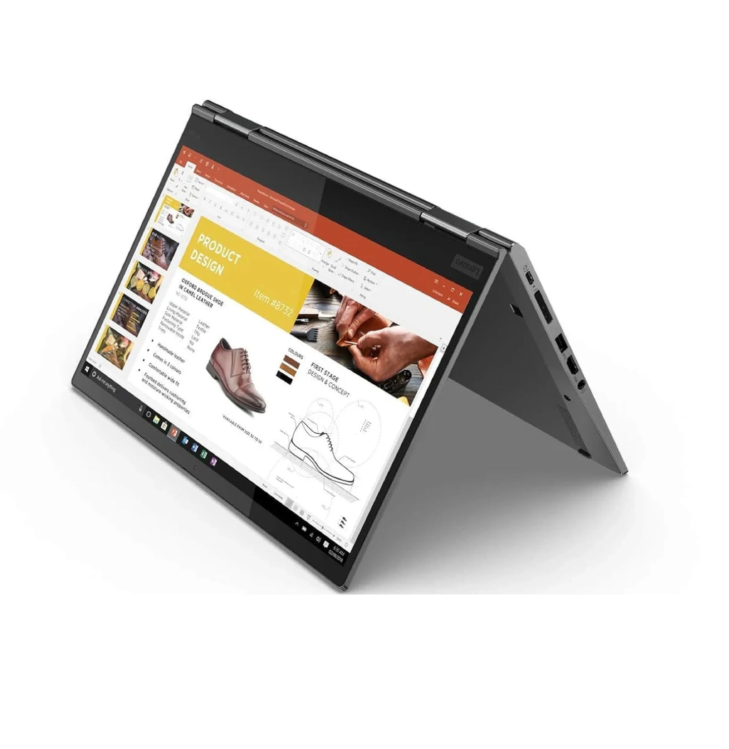 Lenovo ThinkPad X1 Carbon laptop in tent mode displaying with visible side ports including two USB-A ports, an HDMI port, a USB-C port, and a headphone jack on the right edge.- Rentopc
