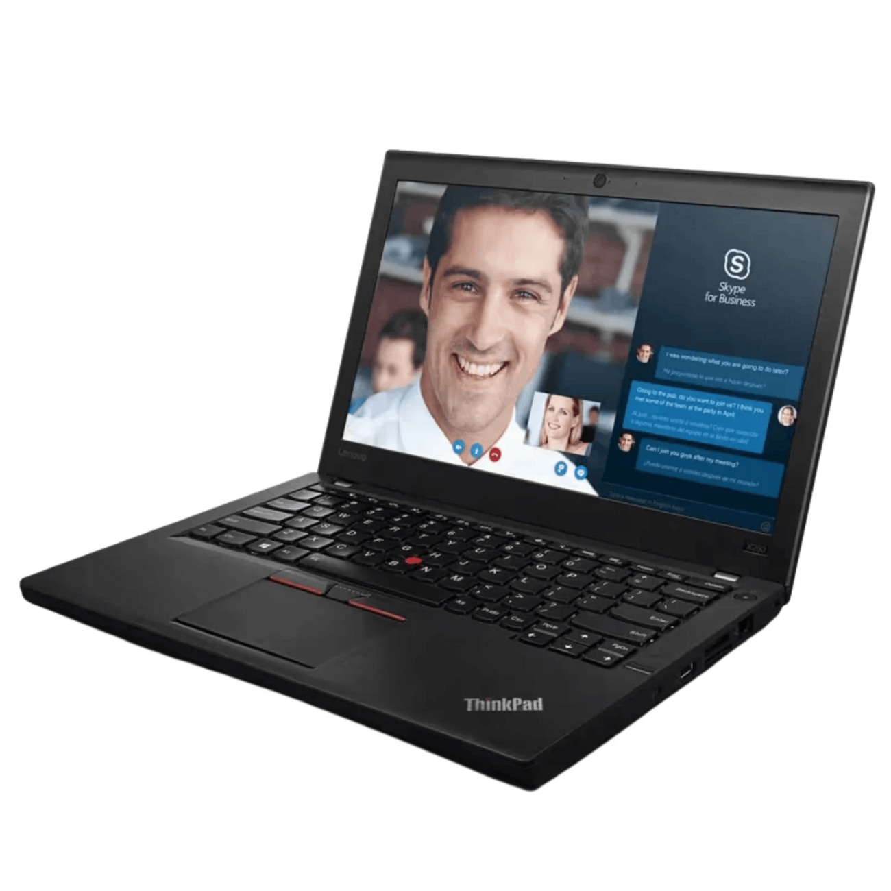 Lenovo ThinkPad X260 laptop angled front view showing 12.5 inch display with webcam, keyboard, trackpoint, and touchpad.- Rentopc