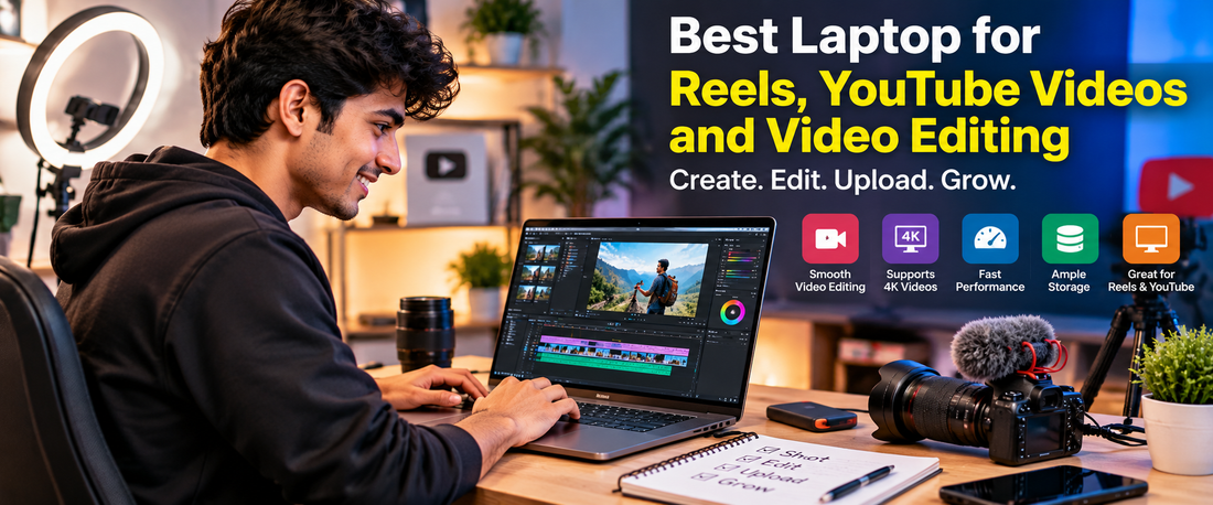 Content creator editing YouTube videos and Instagram Reels on a laptop in a modern creator studio