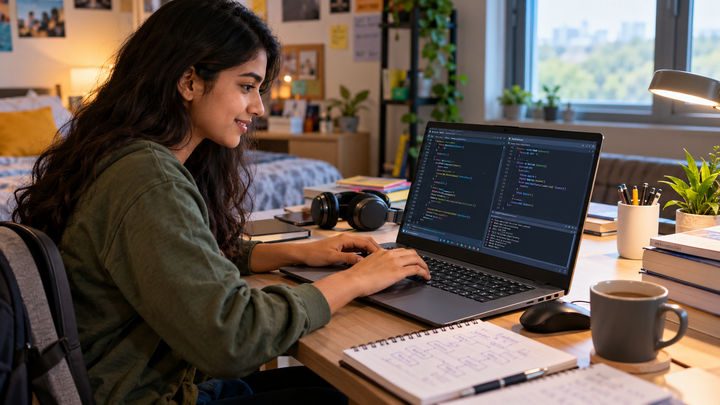 Student learning Python and Visual Basic on a laptop in a study workspace