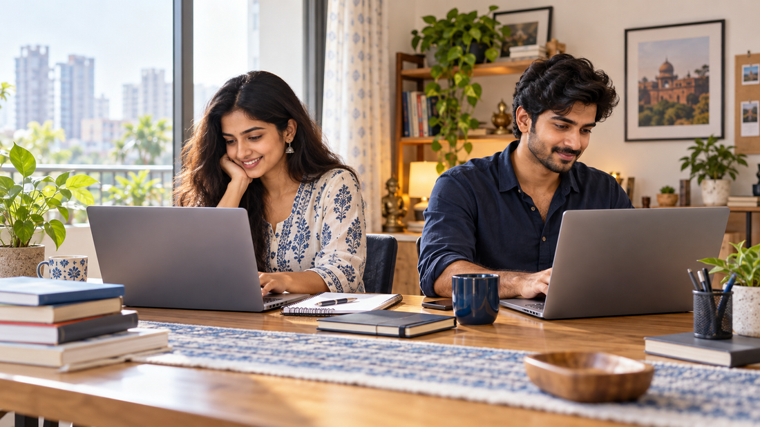Indian student and professional using laptops at a bright home office desk