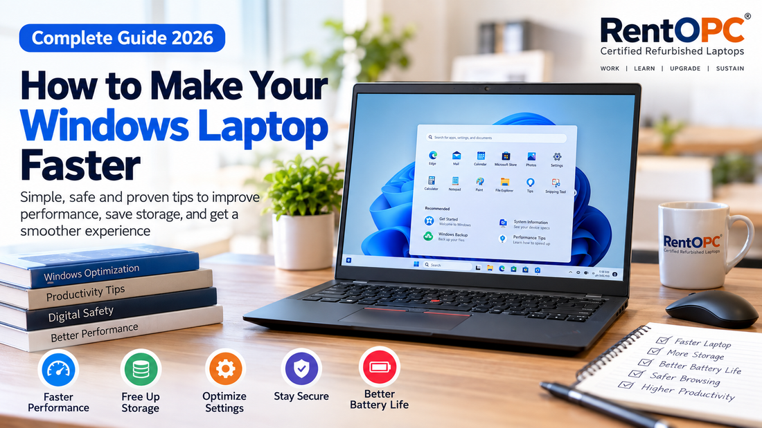 Windows laptop on an office desk with a performance checklist, illustrating safe ways to improve laptop speed