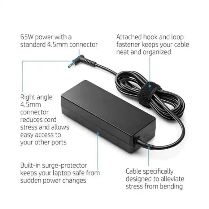 Laptop power adapter with features highlighted on a white background