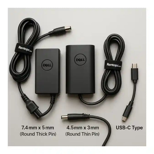 Dell power adapter and cables on a light gray background