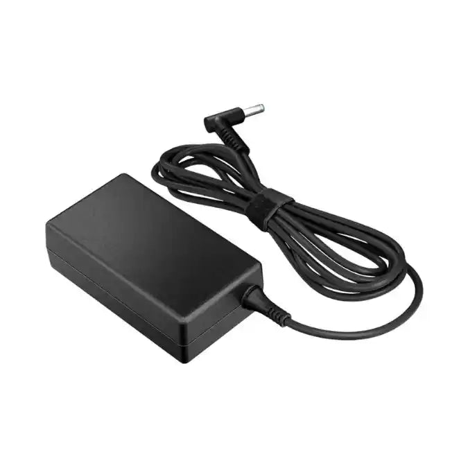 Black power adapter with cable on a white background