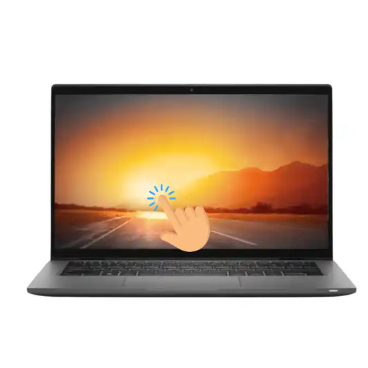 Laptop with a hand touching a screen displaying a sunset over a road.