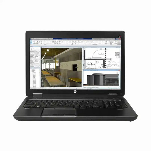Black laptop displaying architectural software on a white background