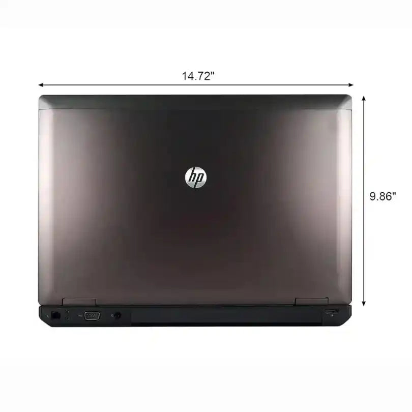 HP laptop with dimensions labeled on a white background