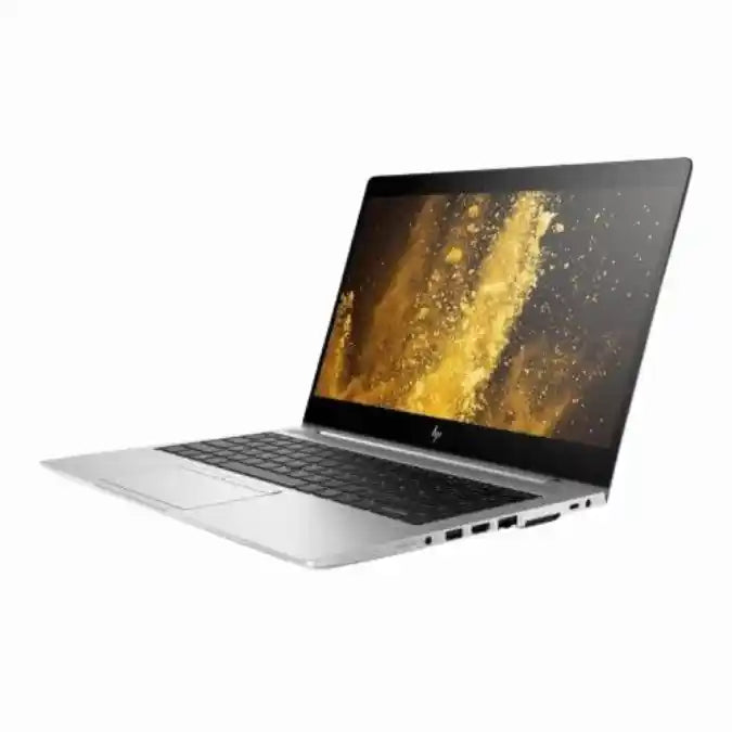 Laptop with a gold abstract design on the screen against a white background