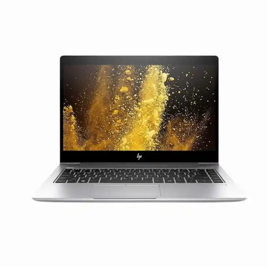 HP laptop with a gold abstract design on the screen against a white background