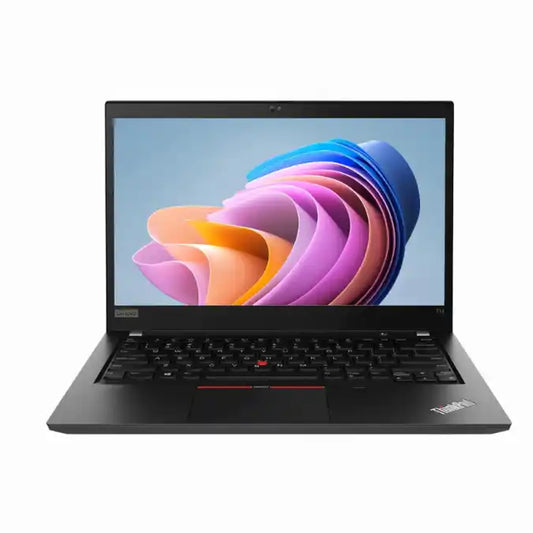 Laptop with colorful abstract design on the screen against a white background