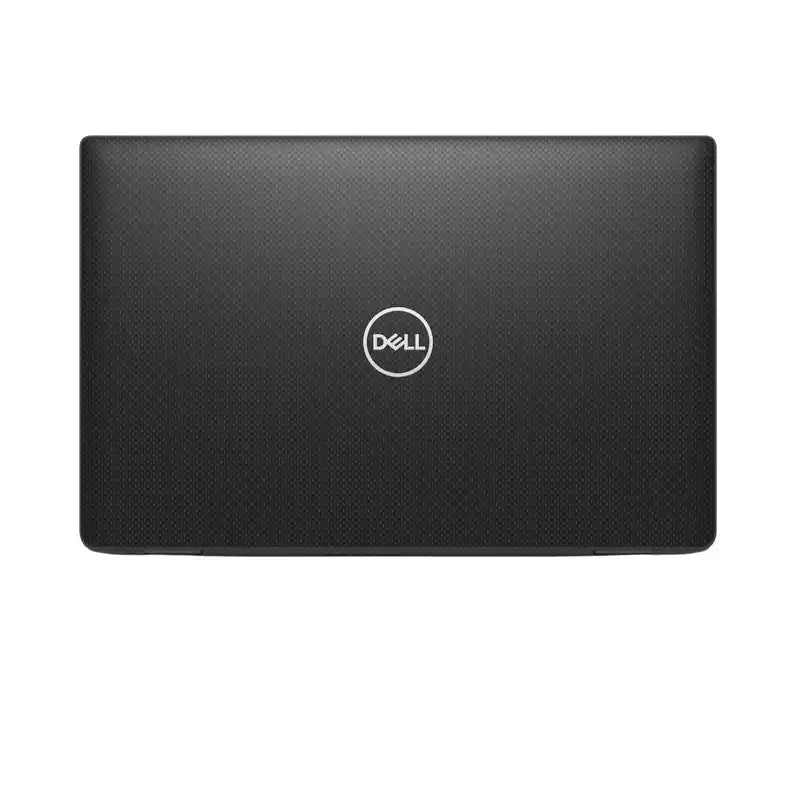 Closed black Dell laptop viewed from above, showing the textured lid with the Dell logo centred

