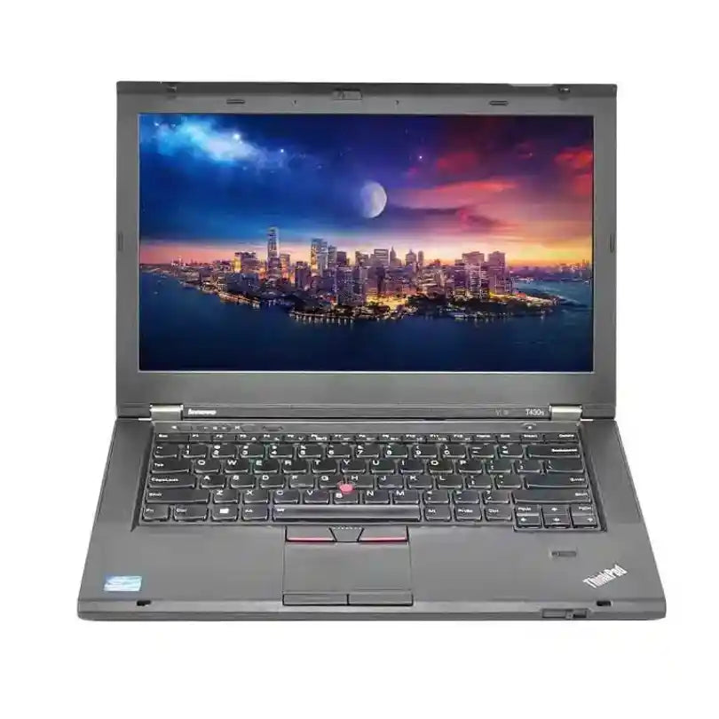 Laptop with a scenic cityscape on the screen against a white background