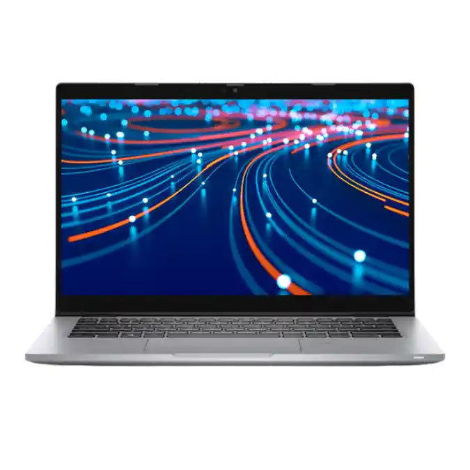 Laptop with a colorful abstract design on the screen against a white background