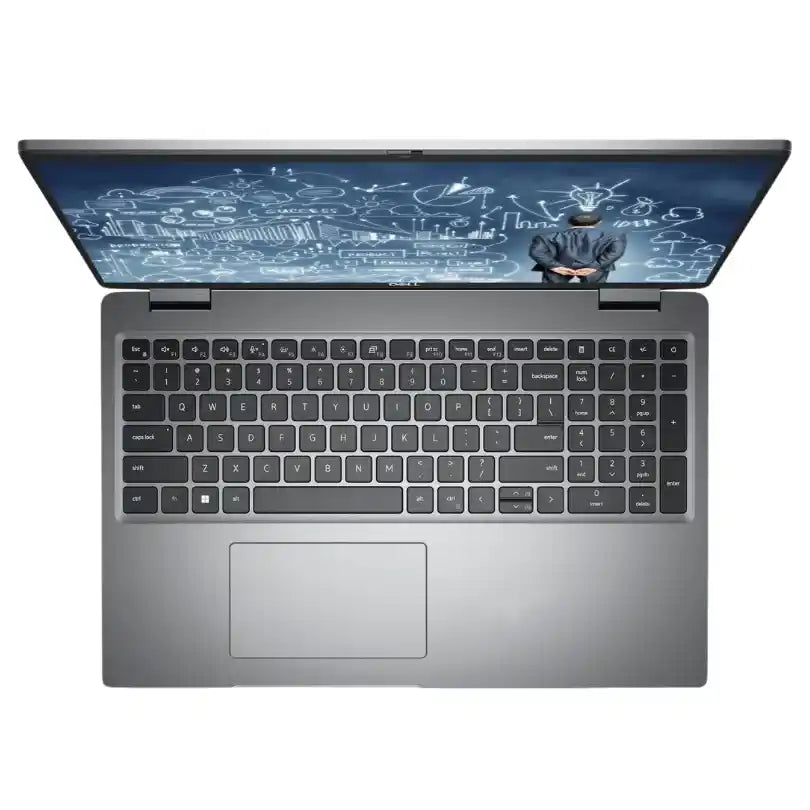 Laptop with a blue screen displaying a design on a white background