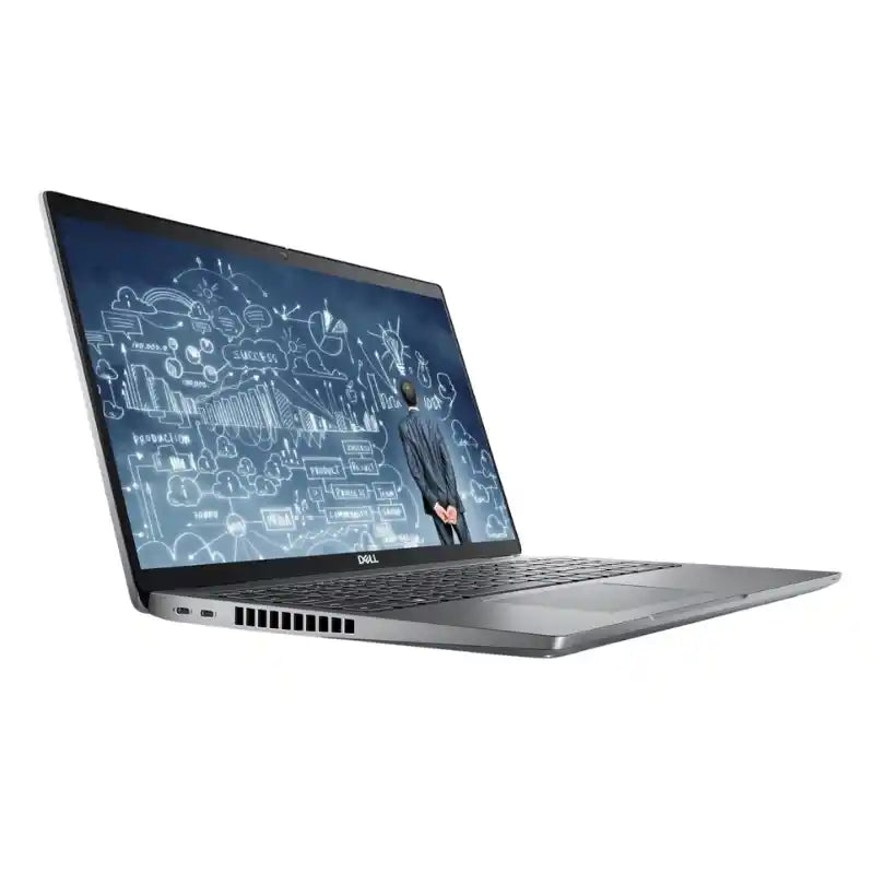 Laptop with a blue screen displaying a person and diagrams on a white background