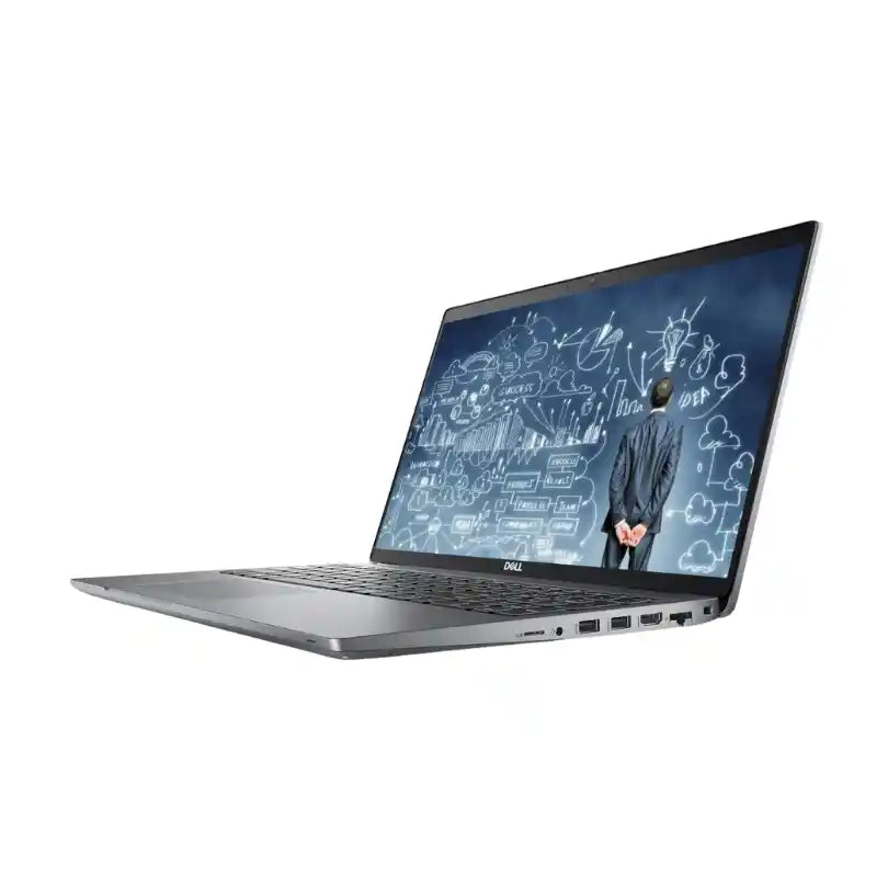 Laptop with a screen displaying a person in a suit on a white background