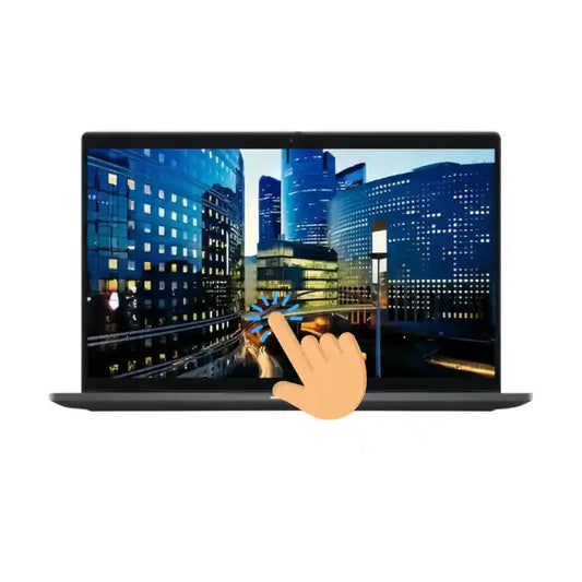 Laptop with a cityscape on the screen and a hand cursor pointing at it.