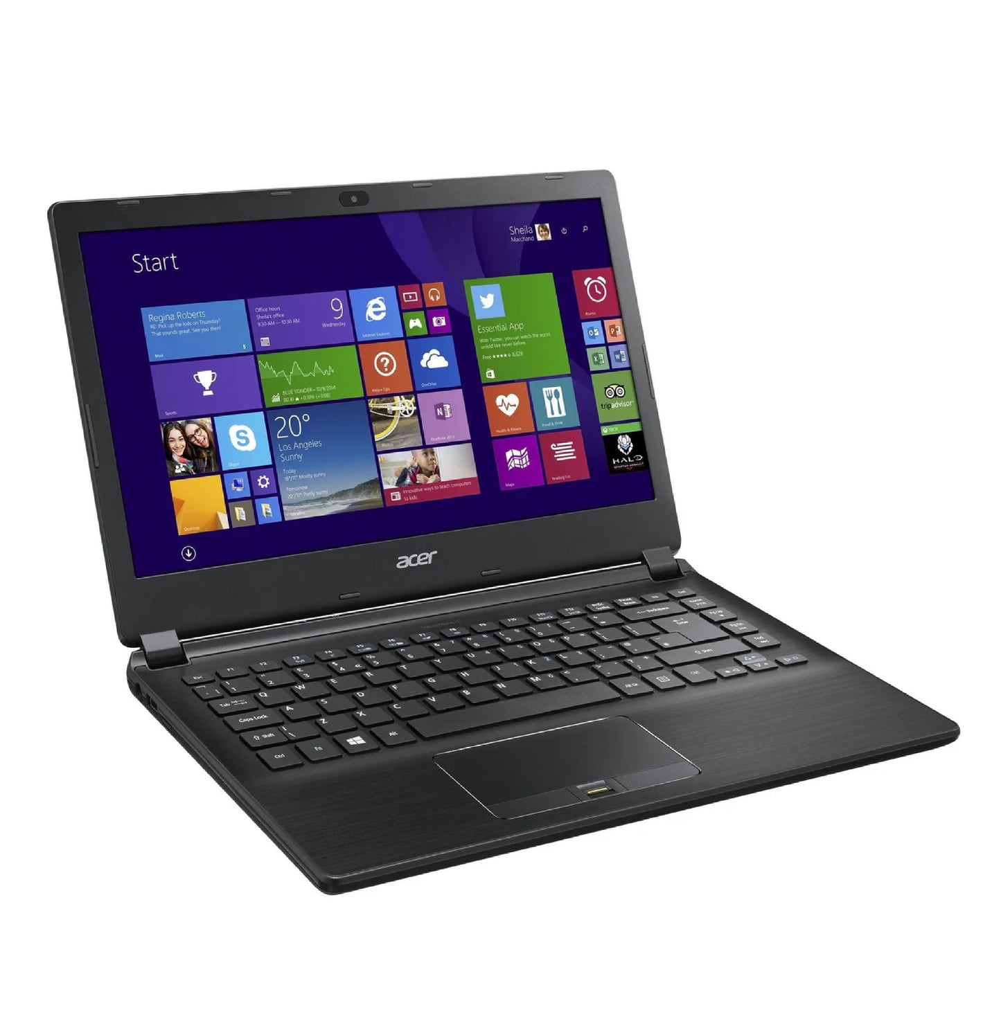 Acer Travelmate P446-Z8c 14 inch business laptop front left angle view open with Windows display, chiclet keyboard, and precision touchpad.- Rentopc
