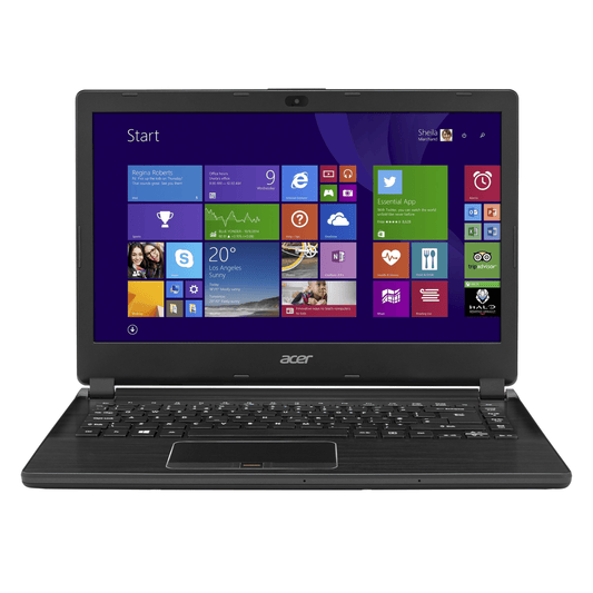 Acer Travelmate P446-Z8c 14 inch laptop front view open showing full HD screen and chiclet keyboard Intel Core i5.- Rentopc