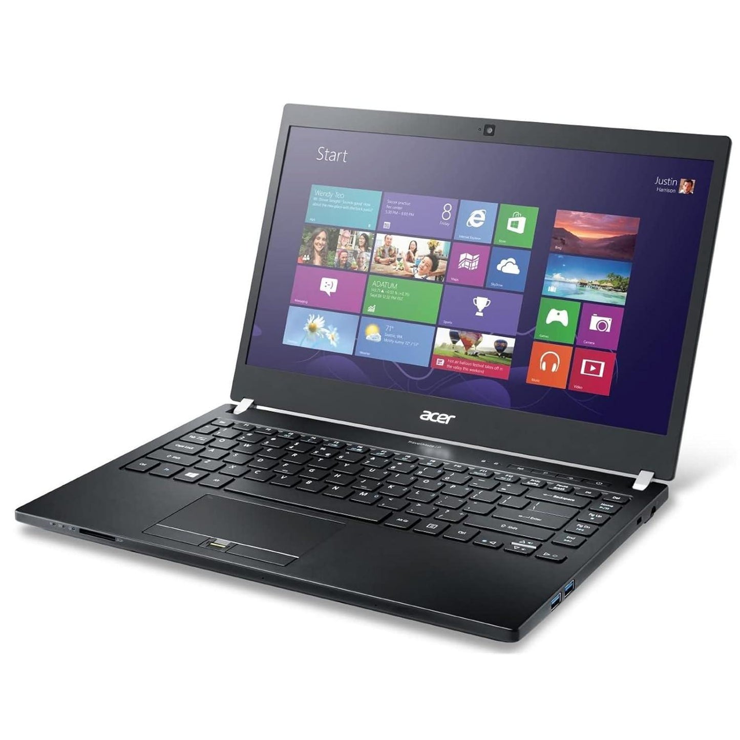 Acer Travelmate P446-Z8c 14 inch business laptop front right angle open with Windows screen, black chiclet keyboard, precision touchpad, and visible USB 3.0 ports.- Rentopc