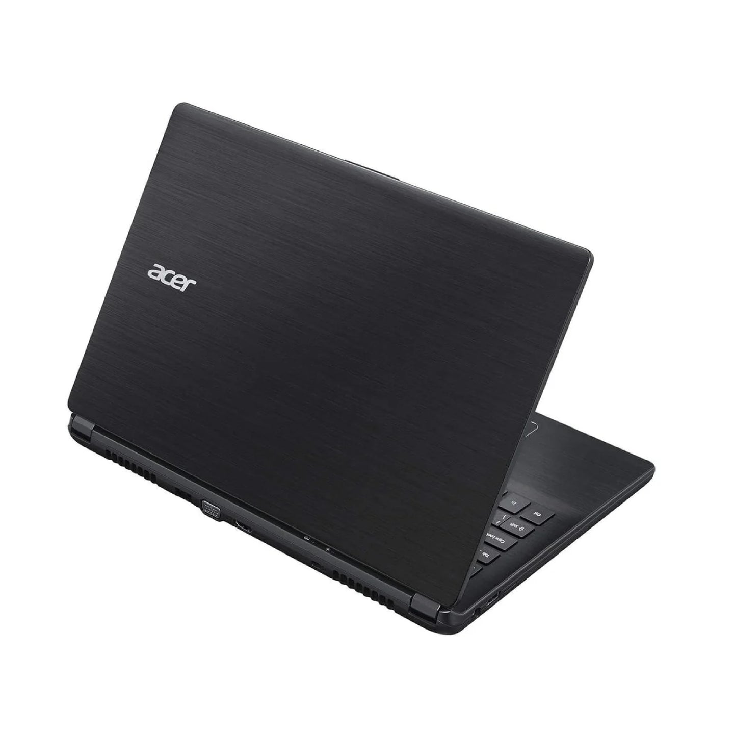 Acer Travelmate P446-Z8c 14 inch business laptop rear left angle view with black brushed lid and Acer logo partially open.- Rentopc