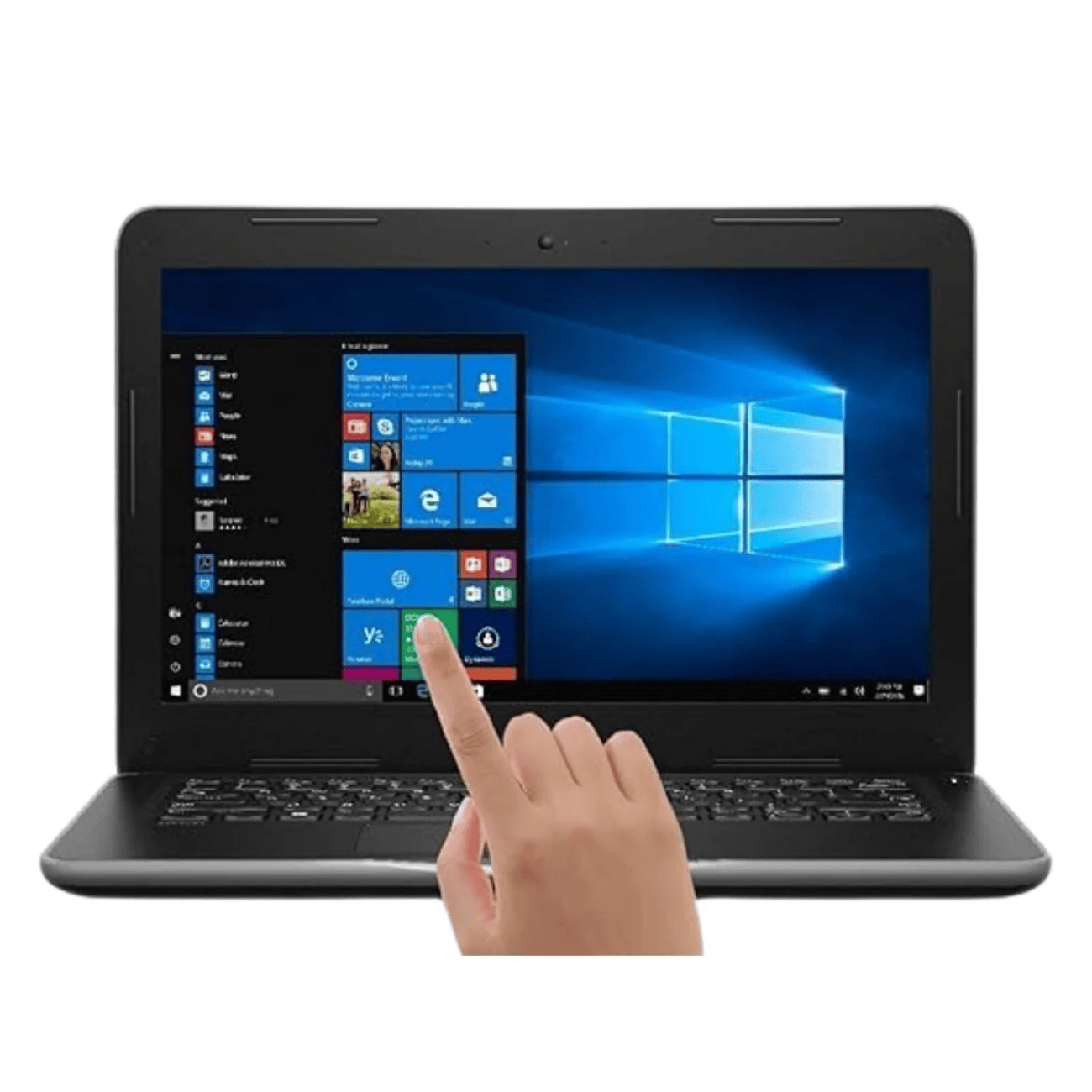 Dell Latitude 3380 13.3-inch touchscreen laptop front view with Intel Core i5 7th Gen, showing display with Windows interface, webcam, and full keyboard.- Rentopc