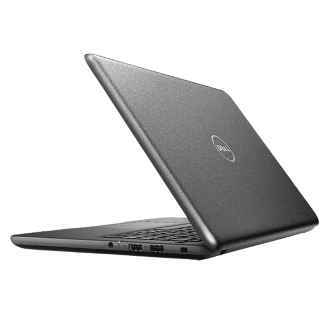 Dell Latitude 3380 13.3-inch touchscreen laptop rear-right side view showing textured black lid with Dell logo, USB ports, Ethernet port, and audio combo jack.- Rentopc