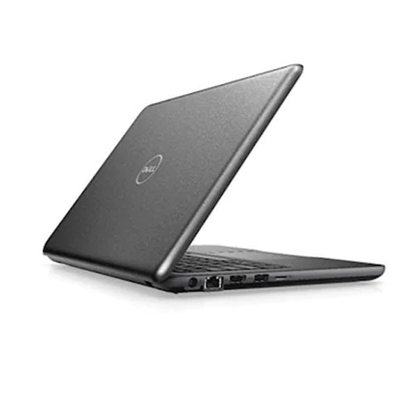 Dell Latitude 3380 13.3-inch touchscreen laptop rear-right angle showing black matte lid with Dell logo, USB ports, HDMI port and Ethernet port .- Rentopc