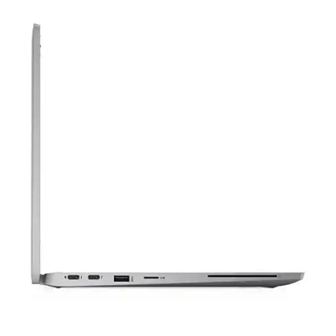 A silver laptop shown from a side profile view, open at a slight angle, with ports visible along the bottom edge, set against a plain white background.