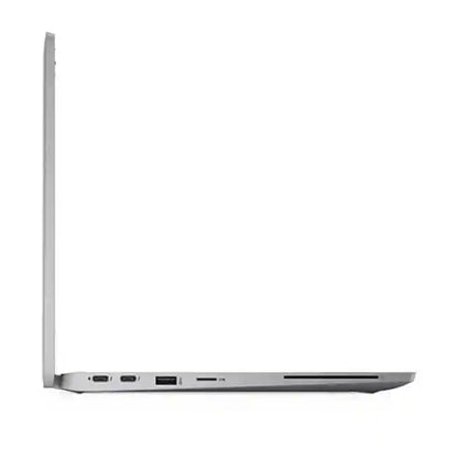 A silver laptop shown from a side profile view, open at a slight angle, with ports visible along the bottom edge, set against a plain white background.