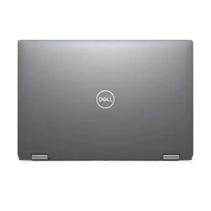The back of a closed Dell laptop in dark gray, featuring the white circular Dell logo in the center and hinge covers visible at the bottom, set against a plain white background.