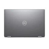 The back of a closed Dell laptop in dark gray, featuring the white circular Dell logo in the center and hinge covers visible at the bottom, set against a plain white background.