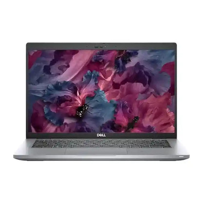 A silver Dell laptop shown open against a plain white background, with a colorful floral display on the screen and the DELL logo visible below the display.