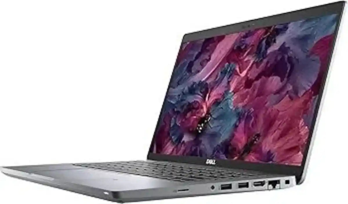 A silver Dell laptop shown at an angle with its screen open, displaying a colorful abstract wallpaper. The laptop is photographed on a plain white background.