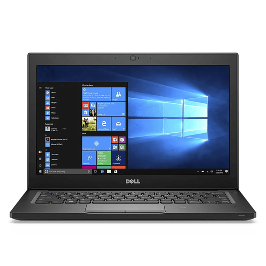 Dell Latitude 7280 Intel Core i5 7th Gen 12.5-inch laptop front view with open display, black chassis, full-size keyboard, touchpad, palm rest, and 12.5-inch anti-glare LED screen.- Rentopc