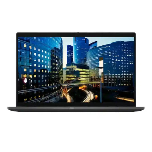 Laptop displaying a cityscape on its screen with a white background