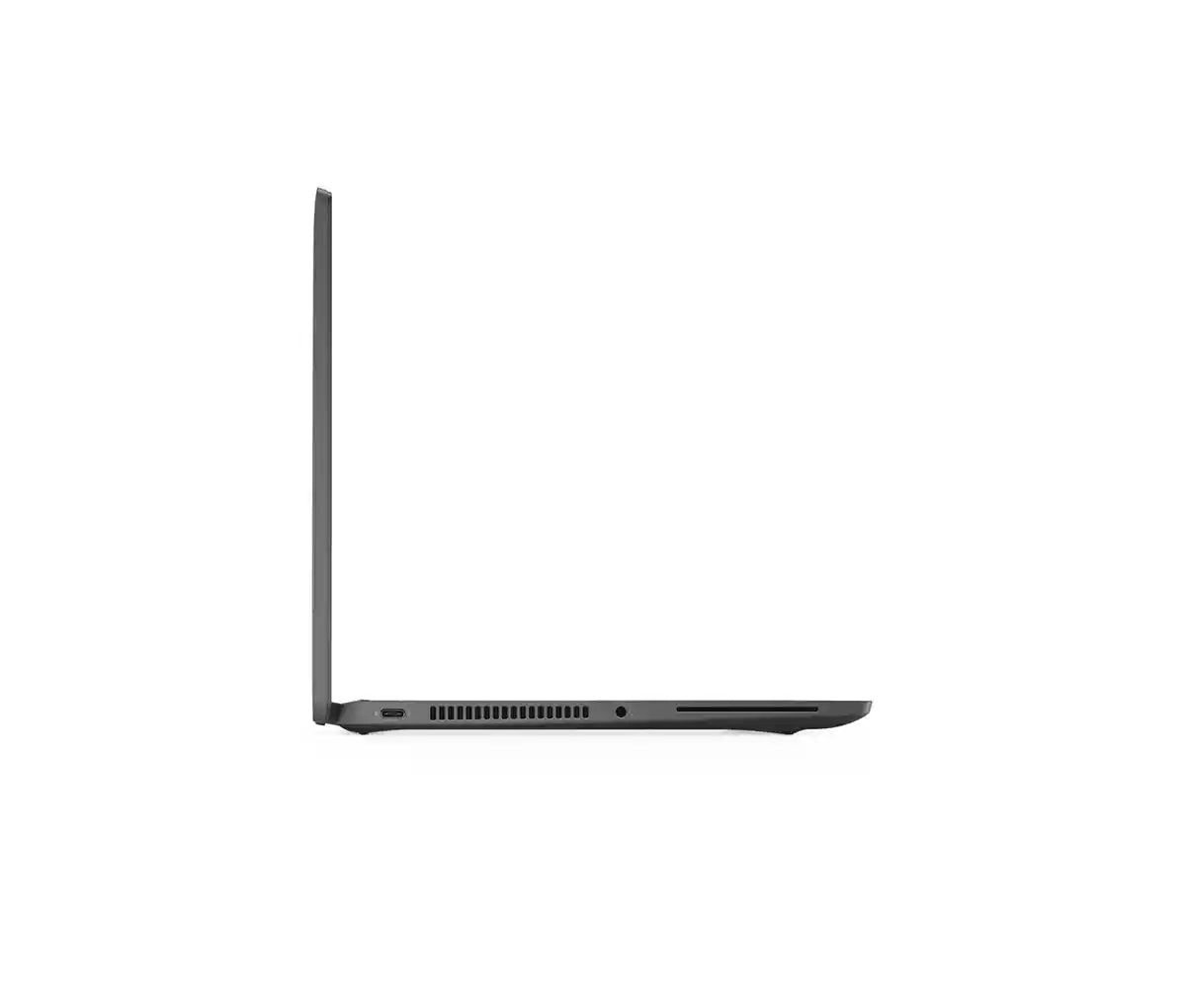 A slim, dark gray laptop shown from a side profile view against a solid white background.