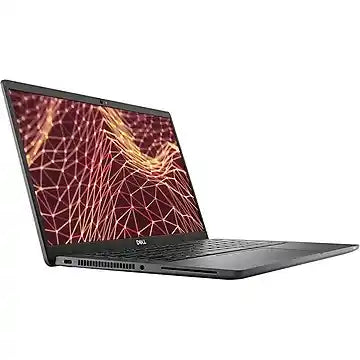 A dark gray Dell laptop shown open at an angle, featuring a vibrant red and gold abstract display on the screen, set against a plain white background.
