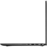 Side profile view of a slim dark gray laptop showing the left side ports including USB-C, USB-A, HDMI, and a power button, isolated on a white background.