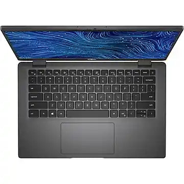 Top-down view of an open laptop with a black keyboard and a wide touchpad

